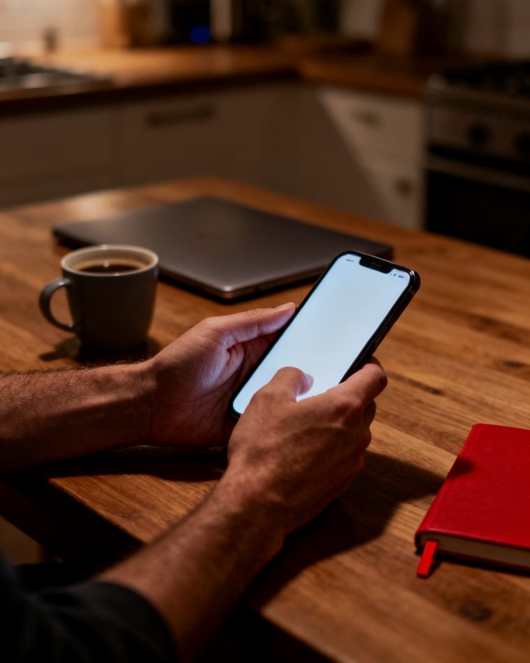 Hände mit Smartphone am Küchentisch, daneben ein Laptop